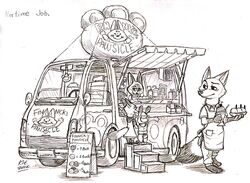  anthro apron canid canine clothing commercial_vehicle delivery_(commerce) delivery_vehicle dessert disney english_text female fennec_fox finnick_(zootopia) food food_truck fox graphite_(artwork) greyscale group ice_cream kit-ray-live male mammal medium_truck monochrome multi-stop_van nick_wilde pawpsicle pencil_(artwork) popsicle red_fox simple_background text traditional_media_(artwork) truck_(vehicle) true_fox van vehicle white_background young young_anthro zootopia 