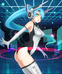  ass blue_hair commentary female green_eyes headphones highleg highleg_leotard highres kai_(ootamuno12) leotard long_hair mecha_musume original photoshop_(medium) thighhighs 