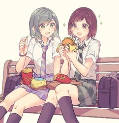  2girls :d :o aqua_hair bad_id bad_pixiv_id bag bang_dream! bench black_legwear black_neckwear black_skirt blue_neckwear blue_skirt bracelet braid brown_eyes brown_hair burger collared_shirt diagonal_stripes fast_food feet_out_of_frame food food_awe french_fries green_eyes grey_hair haneoka_school_uniform hazawa_tsugumi hikawa_hina holding holding_food jewelry kneehighs knees_together_feet_apart looking_away mcdonald&#039;s mikan-uji multiple_girls necktie open_mouth park_bench plaid plaid_skirt school_bag school_uniform shirt short_sleeves side-by-side sitting skirt smile socks sparkle striped striped_necktie twin_braids white_background white_shirt 