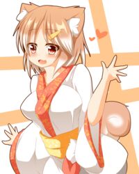  :d animal_ears bad_id bad_pixiv_id blush breasts brown_hair commentary dog_ears dog_tail female gradient_hair hajime_(ak-r) heart highres large_breasts looking_at_viewer maki-chan multicolored_hair oerba_yun_fang open_hand open_mouth original personification red_eyes shiba_inu short_hair smile solo tail 