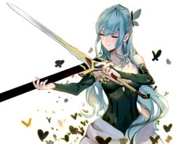  aqua_hair bare_shoulders black_butterfly blue_hair breasts bug butterfly butterfly_hair_ornament character_request closed_eyes commentary_request dress female green_dress hair_ornament highres holding holding_sword holding_weapon long_hair lost_song orange_butterfly sheath small_breasts solo sword tears very_long_hair weapon xinhong_ditan yellow_butterfly 