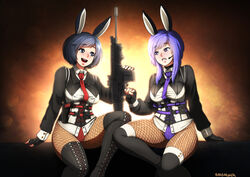  all_points_bulletin animal_ears assault_rifle barbariank battle_rifle black_boots black_gloves black_hair black_legwear blue_eyes blush bob_cut boots breasts bunny_ears choker commentary corset cowboy_shot cross-laced_footwear fingerless_gloves fishnet_pantyhose fishnets gloves gradient gradient_background gun headset lace-up_boots long_hair multiple_girls necktie pantyhose purple_hair rifle short_hair sitting thigh_boots thighhighs weapon 