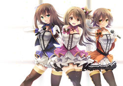  3girls bad_id bad_pixiv_id breasts brown_eyes brown_hair commentary_request eighth_note green_eyes honda_mio idolmaster idolmaster_cinderella_girls idolmaster_cinderella_girls_starlight_stage large_breasts long_hair microphone multiple_girls musical_note new_generations_(idolmaster) one_side_up open_mouth photoshop_(medium) shibuya_rin shimamura_uzuki short_hair smile stage_of_magic_(idolmaster) thighhighs yuuki_makoto_(radiant) 