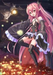  arukanu bat_(animal) black_footwear black_thighhighs boots breasts chinese_commentary commentary_request detached_sleeves dress fangs female full_moon highres huanghyy krul_tepes lantern long_hair moon night outdoors owari_no_seraph photoshop_(medium) pink_hair red_eyes short_dress sleeves_past_wrists small_breasts smile solo thigh_boots thighhighs two_side_up vampire very_long_hair wings 