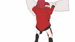  2girls animated animated hat hoshizora_rin long_hair love_live!_school_idol_project lowres multiple_girls nishikino_maki orange_hair pillow pillow_fight red_hair rotoscoping santa_costume santa_hat short_hair tima 