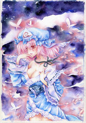  aoi_yuuka_(ao_no_kokoro) bare_shoulders blue_kimono breasts bug butterfly cleavage commentary_request female frills hand_on_own_face hand_on_own_shoulder hat japanese_clothes kimono large_breasts long_sleeves making-of_available off_shoulder painting_(medium) pink_eyes pink_hair saigyouji_yuyuko short_hair solo touhou traditional_media triangular_headpiece watercolor_(medium) wide_sleeves 