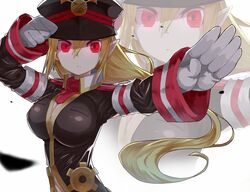  armband backlighting black_hat black_jacket blonde_hair blurry breasts cleavage clenched_hand closed_mouth commentary_request depth_of_field disgaea expressionless female gloves gold_trim hair_between_eyes hat jacket large_breasts long_hair long_sleeves looking_at_viewer makai_senki_disgaea military military_hat military_jacket military_uniform narrow_waist outstretched_arm outstretched_hand peaked_cap pointy_ears red_eyes salvatore_(disgaea) simple_background sleeve_cuffs solo twintails uniform upper_body very_long_hair white_background white_gloves yamato_(muchuu_paradigm) zoom_layer 