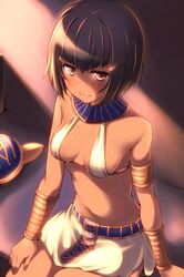  armlet assal_(sennen_sensou_aigis) bad_id bad_pixiv_id bare_shoulders blush bob_cut breasts brown_eyes cowboy_shot dark-skinned_female dark_skin egyptian female hair_ornament hairclip navel ribucci sennen_sensou_aigis short_hair sitting small_breasts solo 