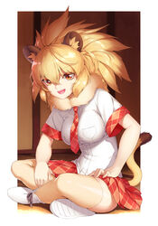  absurdres animal_ears bad_id bad_pixiv_id between_breasts blonde_hair breasts female fur_collar hair_between_eyes highres kemono_friends lion_(kemono_friends) lion_ears lion_tail long_hair medium_breasts miniskirt necktie necktie_between_breasts neko7 open_mouth orange_eyes plaid plaid_necktie plaid_skirt pleated_skirt red_necktie red_skirt shoes short_sleeves sitting skirt smile solo tail white_footwear 