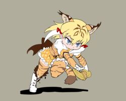  :&gt; animal_ears animal_print blonde_hair blue_eyes boots closed_mouth commentary_request elbow_gloves female full_body gloves hair_between_eyes highres kemono_friends multicolored_hair nat_(gsx-r1300) necktie print_gloves print_thighhighs shadow short_hair short_sleeves slit_pupils smilodon_(kemono_friends) solo tail thighhighs thighhighs_under_boots tiger_ears tiger_girl tiger_print tiger_tail weapon_request 