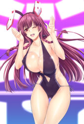  ;d absurdres animal_ears ass_visible_through_thighs bare_arms bare_shoulders black_one-piece_swimsuit blush braid breasts brown_hair casual_one-piece_swimsuit cleavage clothing_cutout collarbone covered_nipples cowboy_shot enty_reward eyelashes female halterneck highres infinite_stratos large_breasts legs_together long_hair looking_at_viewer navel navel_cutout one-piece_swimsuit one_eye_closed open_mouth paid_reward purple_eyes purple_hair rabbit_ears rabbit_pose red_eyes red_hair shinonono_tabane shiny_skin side-tie_swimsuit smile solo standing swimsuit teeth thigh_gap tongue twin_braids upper_teeth_only very_long_hair zucchini 