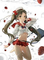  :o absurdres air_bubble anmi_(style) backlighting bad_id bad_pixiv_id bag bare_legs barefoot beret blue_bag blue_bow blue_bowtie blurry bow bowtie breasts brown_eyes brown_hair bubble chestnut_mouth cleavage commentary cowboy_shot crop_top crop_top_overhang depth_of_field female floating_hair food fruit hairbow hand_up hat highres kuku_(piazet1523) long_hair long_sleeves looking_at_viewer microskirt midriff navel no_bra original photoshop_(medium) pleated_skirt red_bow red_bowtie red_sailor_collar red_skirt sailor_collar school_uniform see-through see-through_silhouette serafuku shirt shoulder_bag skindentation skirt sleeve_cuffs solo sparkle standing standing_on_one_leg strawberry submerged thighs twintails two-tone_bow two-tone_bowtie underwater very_long_hair w w_over_eye water water_drop white_background white_hat white_shirt 