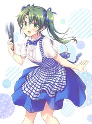  :d alternate_costume apron asymmetrical_bangs blue_apron blue_bow blue_bowtie blue_ribbon blue_skirt blush bow bowtie buttons checkered commentary_request feet_out_of_frame female gingham gingham_apron green_eyes green_hair hair_ribbon high-waist_skirt holding kantai_collection kobeya kobeya_uniform leaning_forward legs_apart long_hair looking_at_viewer medium_skirt minakami_nagara open_mouth pleated_shirt polka_dot polka_dot_background ribbon shirt short_sleeves skirt smile solo standing tareme tongs twintails uniform white_shirt zuikaku_(kancolle) 