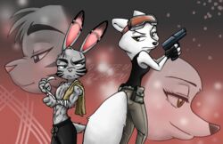  abs biceps bodily_fluids canid canine clothed clothing cynthia_walker disney duo english_text female fox gun handgun jack_savage lagomorph leporid male mammal muscular muscular_male peanut.k pistol rabbit ranged_weapon scar shirt sweat tank_top text topless topwear towel weapon zootopia 