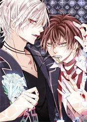  2boys brown_hair chains choker commentary_request crown diabolik_lovers flower green_eyes highres jacket jewelry key mesubuta multiple_boys necklace open_clothes open_jacket open_mouth red_eyes ribbon sakamaki_ayato sakamaki_subaru short_hair white_hair 