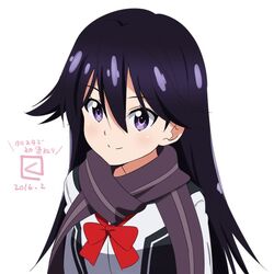  artist_logo black_hair commentary_request dated female kuroki_rei long_hair miyahara_takuya national_shin_ooshima_school_uniform purple_eyes purple_scarf scarf school_uniform serafuku smile solo vividred_operation 