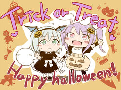  2girls alternate_costume alternate_hairstyle animal_ears blush chibi commentary_request green_eyes hairband halloween halloween_costume happy_halloween head_wings holding_hands konpaku_youmu long_hair multiple_girls purple_hair rabbit_ears red_eyes reisen_udongein_inaba smile touhou trick_or_treat twintails wings yoekosukii 