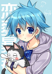  :&lt; aino_akua animal aqua_background aqua_hair blue_(renai_boukun) blue_eyes blush blush_stickers bow closed_mouth commentary_request copyright_name feline female holding holding_animal hood hoodie nose_bubble photoshop_(medium) puff_of_air ren&#039;ai_boukun ryuuga_shou short_hair signature tomboy v-shaped_eyebrows 