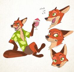  2016 anthro beverage bodily_fluids canid canine clothed clothing crossed_legs digital_media_(artwork) disney duo food fox fur gloves_(marking) green_eyes leg_markings looking_at_viewer looking_back male mammal markings multiple_poses nervous nick_wilde open_clothing open_shirt open_topwear popomodoro pose red_fox shirt simple_background smile socks_(marking) sweat sweatdrop text topwear true_fox zootopia 