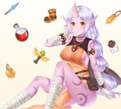  arm_wrap armlet bandaged_leg bandages bare_shoulders blush boots bracelet breasts brooch colored_skin commentary_request feet_out_of_frame female gem highres horns jewelry large_breasts league_of_legends leg_wrap long_hair looking_at_viewer pointy_ears ponytail potion pouch purple_skin sideboob single_horn sitting smile solo soraka_(league_of_legends) tattoo ubi_(ekdus6080) very_long_hair ward_(league_of_legends) white_hair yellow_background yellow_eyes 