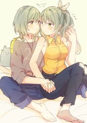  2girls :3 ankle_socks aqua_hair bad_id bad_pixiv_id bang_dream! barefoot bed_sheet belt blush braid breast_pocket casual collared_shirt denim feline frown green_eyes grey_shirt hair_ribbon hikawa_hina hikawa_sayo holding_hands incest jeans jewelry looking_at_another looking_back mikan-uji multiple_girls no_shoes pants pants_rolled_up pendant pocket ponytail ribbon shirt short_hair siblings side_braids sidelocks single_sock sisters sitting sleeveless sleeveless_shirt smile socks spread_legs sweatdrop torn_clothes torn_jeans torn_pants translated twincest twins yellow_shirt yuri 