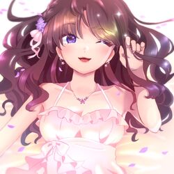  bad_id bad_pixiv_id blue_eyes breasts brown_hair cleavage collarbone commentary_request dress earrings eyelashes female flower gankake_(misary) hair_flower hair_ornament hair_ribbon ichinose_shiki idolmaster idolmaster_cinderella_girls jewelry lipstick long_hair makeup medium_breasts one_eye_closed petals pink_dress ribbon solo spaghetti_strap wavy_hair 