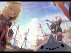  6+girls admiral_scheer_(warship_girls_r) aiguillette armband belt bird bismarck_(warship_girls_r) black_legwear black_skirt blonde_hair blue_hair blue_skirt blue_sky blurry bound breasts building claxton_(warship_girls_r) clipboard cloud cloudy_sky construction contrail crane_(machine) day galo_(warship_girls_r) glasses graf_spee_(warship_girls_r) grey_legwear hat headphones leaning_forward letterboxed lino-lin long_hair looking_at_viewer mahan_(warship_girls_r) medium_breasts midriff military_hat miniskirt multiple_girls navel o&#039;bannon_(warship_girls_r) official_art open_mouth outdoors pencil_skirt petals pink_hair pleated_skirt pointing pointing_up prinz_eugen_(warship_girls_r) red_eyes red_hair sailor_collar sailor_shirt seagull shirt skirt sky sleeveless thighhighs tied_up_(nonsexual) tirpitz_(warship_girls_r) tomato_(lsj44867) torpedo twintails vittorio_veneto_(warship_girls_r) warship_girls_r white_belt white_hat white_legwear white_shirt william_d_porter_(warship_girls_r) zettai_ryouiki 