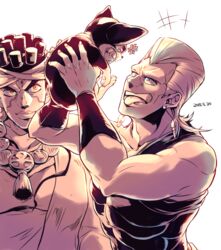  2boys anger_vein blue_eyes canine carrying commentary_request dated earrings headband highres iggy_(jojo) jean_pierre_polnareff jewelry jojo_no_kimyou_na_bouken kamihitoe mohammed_avdol multiple_boys necklace no_eyebrows orange_eyes sepia tongue tongue_out 