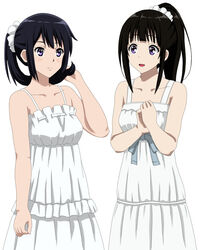  2girls black_hair chitanda_eru commentary_request company_connection cp9a crossover dress hibike!_euphonium highres hyouka kousaka_reina kyoto_animation long_hair look-alike multiple_girls photoshop_(medium) ponytail purple_eyes standing white_dress 