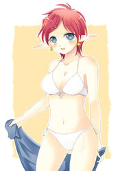  bikini blue_eyes blush breasts chisato_madison cleavage commentary_request earrings female hair_ornament hairclip jewelry medium_breasts midriff miyako_(mongcocoa) navel open_mouth pointy_ears red_hair short_hair simple_background solo star_ocean star_ocean_the_second_story swimsuit upper_body white_background white_bikini 