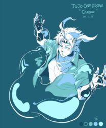  1boy blue_theme bubble caesar_anthonio_zeppeli commentary_request facial_mark feather_hair_ornament feathers fingerless_gloves gloves hair_ornament headband hydrokinesis jacket jojo_no_kimyou_na_bouken kamihitoe limited_palette male_focus monochrome solo water 