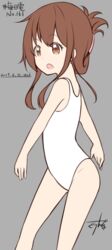  bare_arms bare_legs bare_shoulders brown_eyes brown_hair commentary_request dated female folded_ponytail grey_background gurande_(g-size) highres inazuma_(kancolle) kantai_collection long_hair looking_at_viewer one-piece_swimsuit signature simple_background solo standing swimsuit thumbnail_surprise transparent_background 