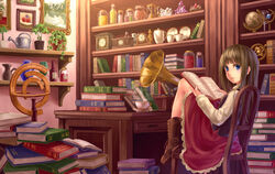  blue_eyes book book_stack boots brown_footwear brown_hair chair clock commentary_request cup desk dress female holding holding_book hourglass jar loaded_interior long_hair looking_at_viewer open_book original painting_(action) painting_(object) phonograph plant plate potted_plant shelf sitting solo steam teacup wasabichan watering_can 