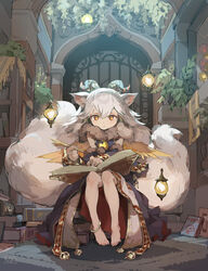  animal_ears anklet barefoot book commentary_request demon_horns detached_sleeves feathered_wings female fur_trim hair_tubes highres horns ilmina_(p&amp;d) jewelry library multiple_tails photoshop_(medium) puzzle_&amp;_dragons tail tennohi white_hair wings yellow_eyes 