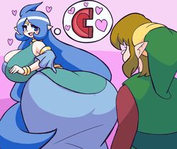  blue_hair blush brown_hair dress gensin green_clothes heart huge_ass huge_breasts jewelry kinstone link long_hair looking_back nayru nintendo oracle_of_ages pointy_ears smile speech_bubble straight tagme the_legend_of_zelda the_minish_cap wide_hips 