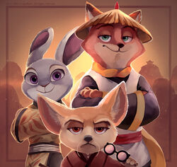  2016 abstract_background anthro asian_clothing border brown_eyes canid canine chinese_clothing claws clothing crossed_arms crossover digital_media_(artwork) disney dreamworks east_asian_clothing english_text eyewear facial_hair female fennec_fox finnick_(zootopia) fox frown fur glasses green_eyes group inner_ear_fluff japanese_clothing judy_hopps kimono kung_fu_panda lagomorph leporid long_ears looking_at_viewer male mammal moustache nick_wilde purple_eyes rabbit red_fox size_difference smile text tragobear true_fox tuft zootopia 