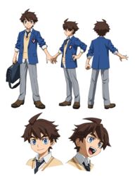  1boy blue_eyes brown_hair full_body gundam gundam_build_divers male_focus mikami_riku multiple_views necktie official_art reference_sheet school_uniform smile sweater transparent_background 