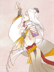  1boy alternate_color armor bridal_gauntlets chin_strap closed_eyes color_switch commentary_request cosplay hakama hakama_skirt hashtag hat ima-no-tsurugi japanese_armor japanese_clothes kogitsunemaru kogitsunemaru_(cosplay) long_hair male_focus pom_pom_(clothes) short_sword shoulder_armor skirt sode solo stole sword tantou tokin_hat touken_ranbu translated very_long_hair weapon white_hair zuwai_kani 