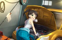  artist_request ass bent_over black_hair car car_part clothes_around_waist female gloves grease_(mechanical) green_eyes harada_miyo idolmaster idolmaster_cinderella_girls idolmaster_cinderella_girls_starlight_stage jacket jacket_around_waist looking_at_viewer looking_back mechanic motor_vehicle official_art open_hood open_mouth short_ponytail solo star_(symbol) twintails 