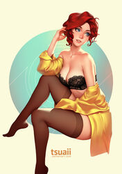  adjusting_hair black_bra blue_eyes bra breasts cleavage collarbone commentary english_commentary female highres off_shoulder photoshop_(medium) red_(transistor) red_hair short_hair simple_background sitting smile solo strapless strapless_bra thighhighs transistor_(game) tsuaii underwear 