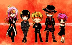  4boys bebe_(ad234_tenrou) black_hair blonde_hair bruno_bucciarati chibi commentary_request diavolo female giorno_giovanna jojo_no_kimyou_na_bouken mafia multiple_boys pink_hair risotto_nero trish_una vento_aureo 