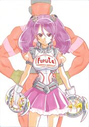  1boy adapted_costume back-to-back bodysuit candy_hair_ornament commentary_request female food-themed_hair_ornament furuta_(company) furutaman furutan hair_ornament hands_on_own_hips high_eight_(candy) highres itaoka1 mascot pink_eyes pink_hair pink_skirt see-through serious short_sleeves simple_background skirt twintails white_background 