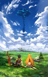  1boy absurdres aegis_sword_(xenoblade) arm_at_side arm_support armlet artistic_error ass bad_id bad_pixiv_id blue_sky brown_gloves brown_hair bush cloud commentary_request day female field finger_touching from_behind gloves grass highres mythra_(xenoblade) outdoors planted planted_sword poteto_(potetosarada123) rex_(xenoblade) rock scenery short_hair sitting sky sword tree weapon xenoblade_chronicles_(series) xenoblade_chronicles_2 