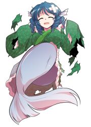  alphes_(style) blue_hair breasts closed_eyes commentary_request crying dairi defeat drill_hair female fins frilled_kimono frills full_body green_kimono hands_up head_fins japanese_clothes kimono large_breasts large_variant_set mermaid monster_girl open_mouth parody solo style_parody tears torn_clothes touhou transparent_background variant_set wakasagihime wide_sleeves 