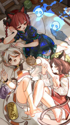  3girls absurdres animal_ears barefoot bell black_dress braid brown_eyes brown_hair cat_ears cat_girl cat_tail chen chinese_commentary closed_eyes commentary_request dress goutokuji_mike green_dress highres kaenbyou_rin kourou_(kouroukun) licking licking_leg multicolored_hair multiple_girls multiple_tails nekomata one_eye_closed open_mouth pinafore_dress puffy_short_sleeves puffy_sleeves red_dress red_eyes red_hair shirt short_sleeves sleeveless sleeveless_dress streaked_hair tail toes touhou twin_braids two_tails white_hair white_shirt yuri 