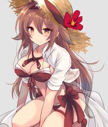  bikini blush breasts brown_hair cleavage cosplay cowboy_shot female front-tie_bikini_top front-tie_top grey_background hair_between_eyes hair_flaps hat highres hirune_(konekonelkk) kantai_collection long_hair looking_at_viewer medium_breasts navel red_bikini shigure_(kancolle) shigure_kai_san_(kancolle) shigure_kai_san_(kancolle)_(cosplay) shigure_kai_san_(swimsuit)_(kancolle) shiratsuyu_(kancolle) shiratsuyu_kai_ni_(kancolle) smile solo squatting straw_hat sun_hat swimsuit 