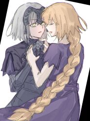  2girls armor armored_dress black_dress blonde_hair blue_dress braid braided_ponytail closed_eyes commentary dark_persona dress dual_persona fate/grand_order fate_(series) grey_hair hands_on_another&#039;s_hand highres jeanne_d&#039;arc_(fate) jeanne_d&#039;arc_alter_(fate) long_hair looking_at_another multiple_girls nekwnek open_mouth short_hair smile yellow_eyes 
