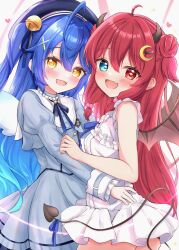  2girls absurdres ahoge amamiya_kokoro amamiya_kokoro_(1st_costume) bell beret blue_hair blush brown_wings crescent crescent_hair_ornament demon demon_girl demon_horns demon_tail demon_wings hair_bell hair_ornament happy hat heart heterochromia highres horns hug jingle_bell looking_at_viewer matcha_november mini_wings multiple_girls nijisanji oerba_yun_fang open_mouth red_hair skin_fang tail two_side_up virtual_youtuber wings x_hair_ornament yellow_eyes yuzuki_roa yuzuki_roa_(3rd_costume) 