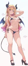  barichieiro bikini black_bikini black_horns black_tail black_wings blonde_hair blush breasts cameltoe demon_girl demon_horns demon_tail demon_wings female full_body gradient_hair green_eyes highres hololive horns large_breasts long_hair micro_bikini multicolored_hair navel pink_hair side-tie_bikini_bottom solo swimsuit tail two-tone_hair virtual_youtuber wings yuzuki_choco 