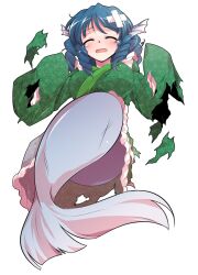  alphes_(style) blue_hair blush breasts closed_eyes commentary_request crying dairi defeat drill_hair female fins frilled_kimono frills full_body green_kimono hands_up head_fins japanese_clothes kimono large_breasts large_variant_set mermaid monster_girl open_mouth parody solo style_parody tears torn_clothes touhou transparent_background variant_set wakasagihime wide_sleeves 